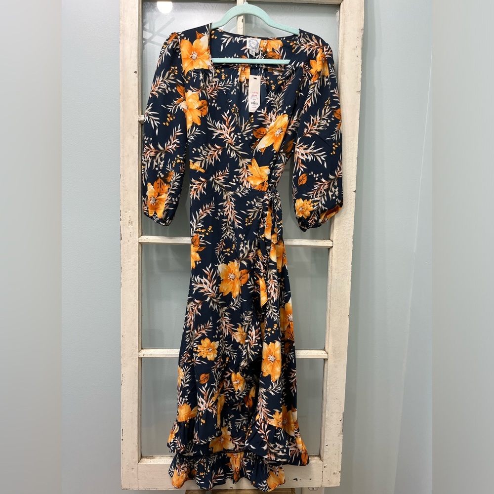 Deep V , Navy Floral Wrap Dress. Flowing. Orange Blooms. M